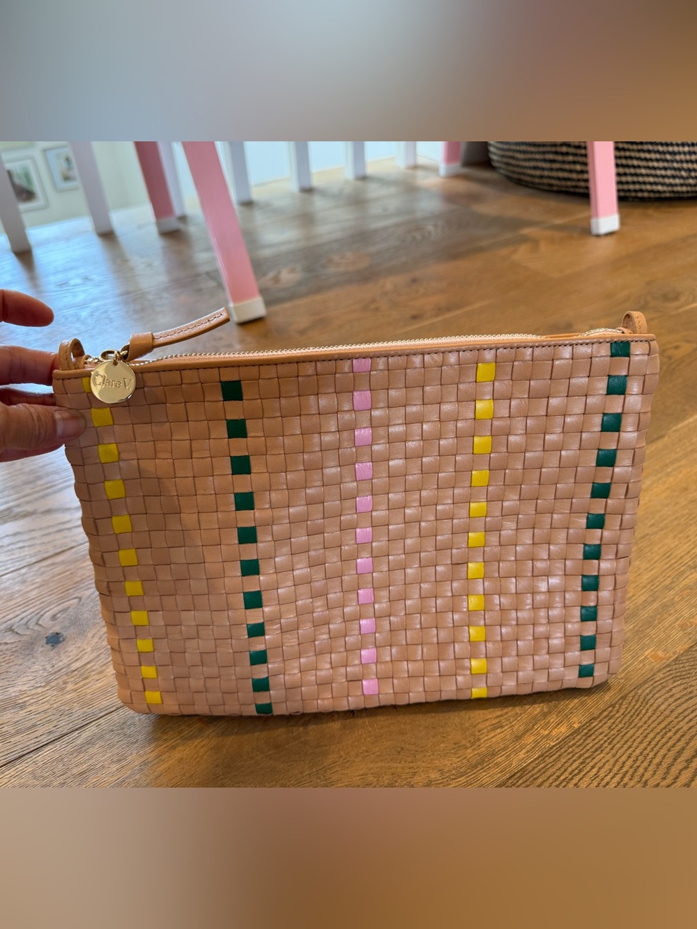Clare V Woven Leather Clutch with tabs in bisque and with stripes - Picture 2 of 4